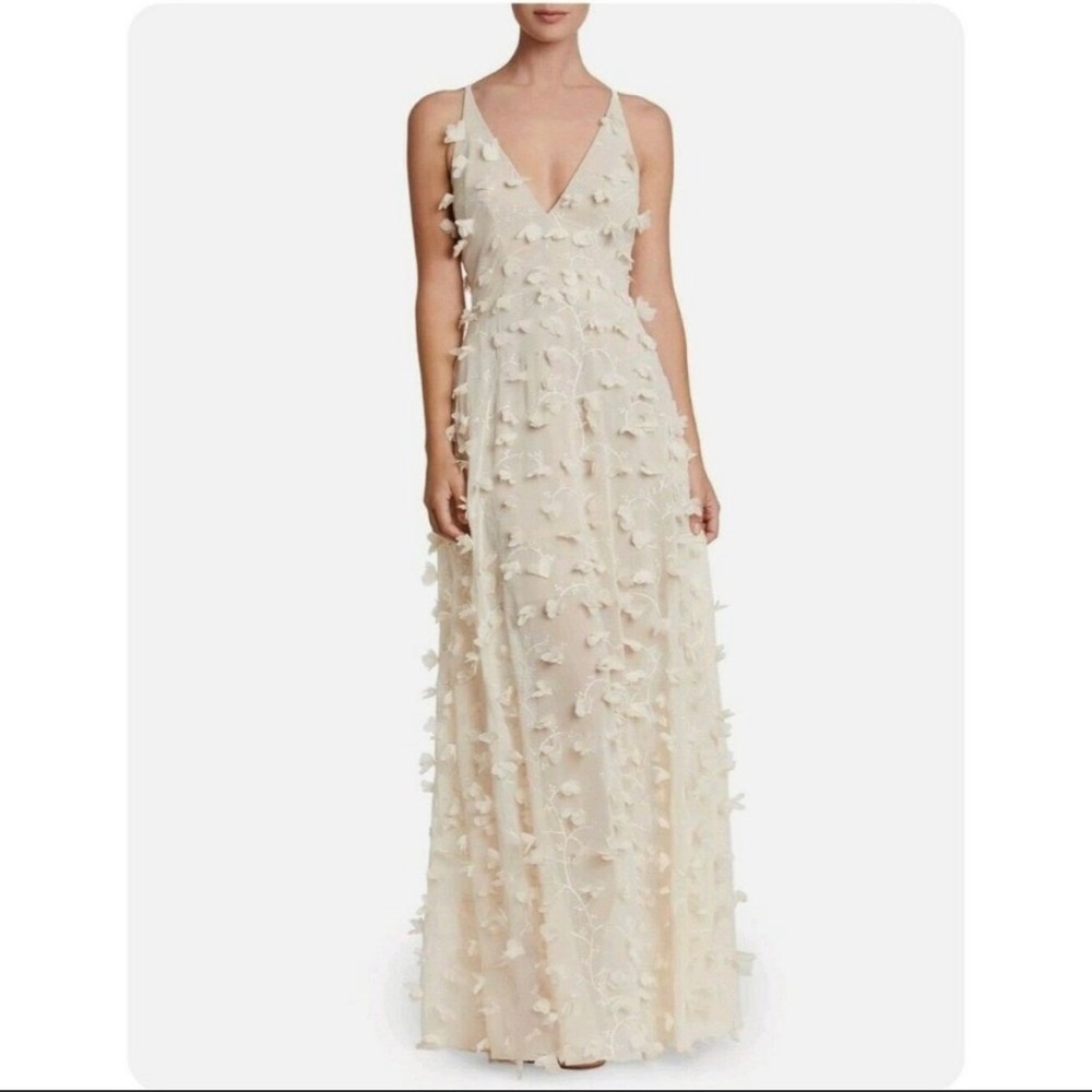 Dress The Population Fleur Floral Appliqué Natural Gown Dress Size Small Cream